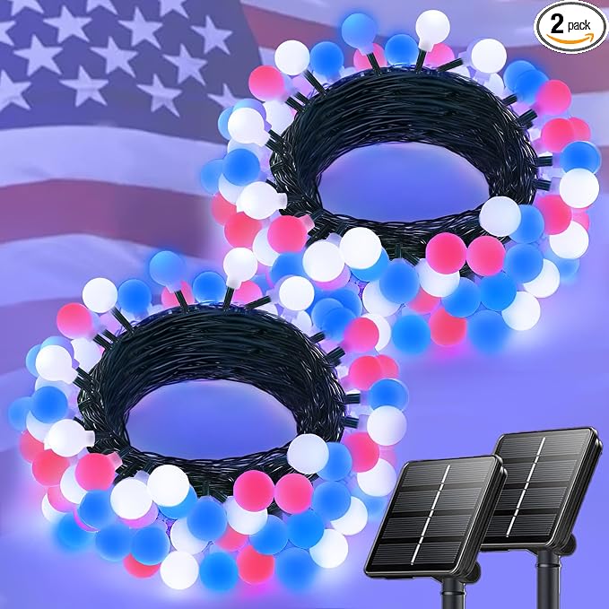2-Pack 80 LED 39FT Red White and Blue Solar Globe String Lights Outdoor | LED Patriotic Lights, Waterproof, Solar American Flag Lights, 8 Modes 4th of July Decorations for Independence Memorial Day