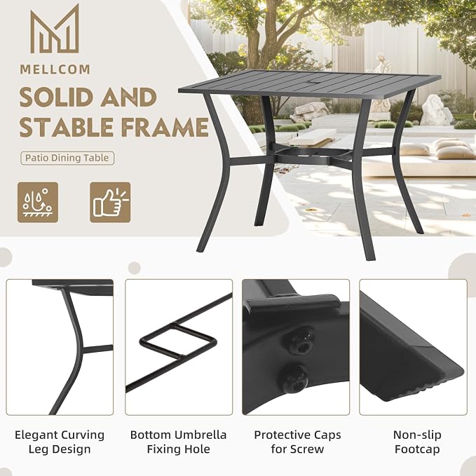 MELLCOM 37''x37'' Outdoor Dining Table for 4, Metal Patio Dining Table with 1.57'' Umbrella Hole and Adjustable Feet, All-Weather Black Square Table for Porch, Garden, Backyard, Poolside