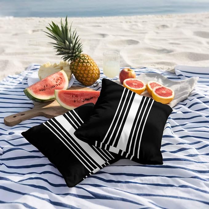 Black White Stripe Outdoor Pillow Covers 18x18 Inch Throw Pillow Covers Set of 2 Waterproof Decorative Pillow Cases Modern Rustic Vertical Striped Cushion Covers for Patio Furniture Garden Couch Sofa
