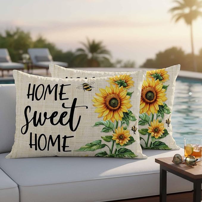 Lumbar Pillow Covers 20x12 Inch Set of 2, Spring Sunflowers Waterproof Outdoor Pillow Covers, Bee Beige Farm Country Rustic Decorative Cushion Pillowcases for Couch, Sofa, Bed, Garden, Patio
