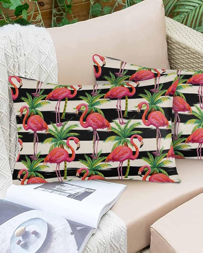 Vandarllin Outdoor Throw Pillows Covers 20x12 inch Set of 2 Waterproof Flamingo Decorative Zippered Cushion Covers for Patio Furniture, Tropical Palm Leaves Black Stripe Linen Lumbar Pillowcases