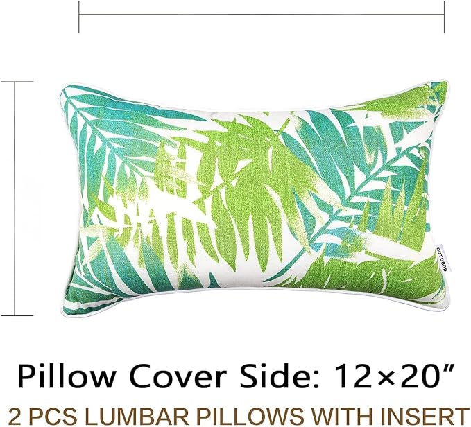 JMGBird Green Outdoor Pillows Waterproof Pillow Covers with Inserts | 12x20 Outdoor Throw Pillows for Patio Furniture, White Green Palm Leaf Decorative Cushions
