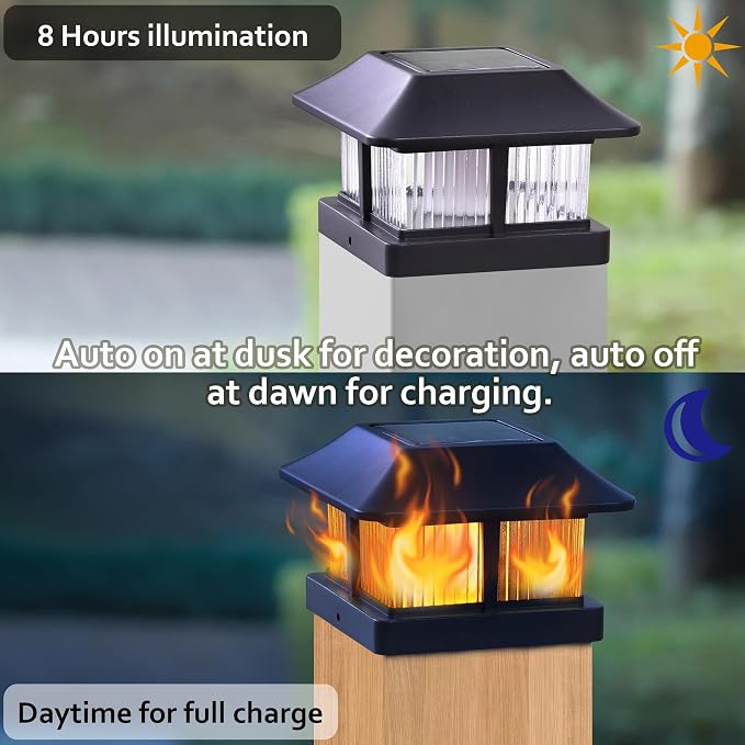 Dynaming Solar Flame Post Cap Lights Outdoor, Solar Powered Fence Post Light, Flickering Flame LED Lantern Lamps Waterproof for Garden Deck Patio, Fit 4x4 Wooden/Vinyl Posts, 6 Pack