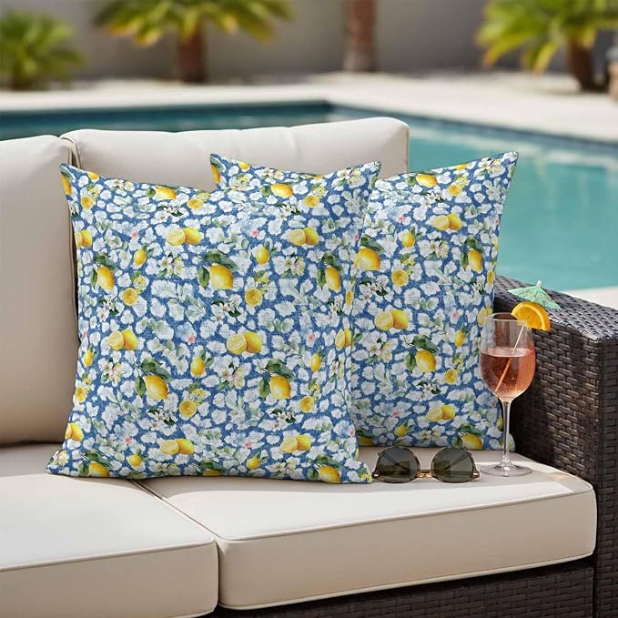 Yukro Summer Lemon Outdoor Waterproof Pillow Covers Pack of 2, Yellow Fruit White Flowers Country Plant Blue Throw Pillowcases Decorative Cushion Covers for Garden Patio Tent Sofa Couch, 20x20 inch