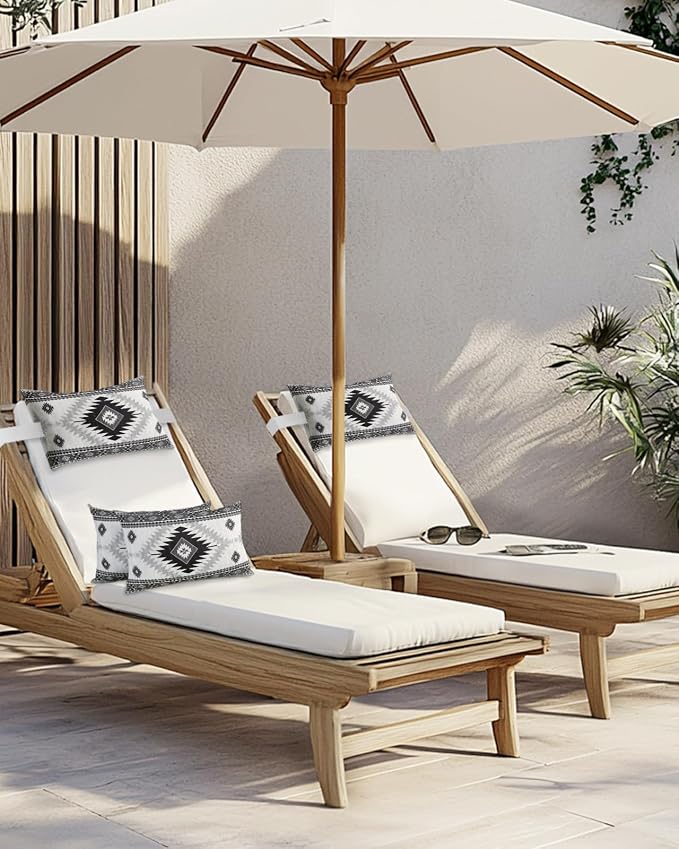 Outdoor Pillows Waterproof Covers Set of 2, Black Bohemian Adjustable Elastic Chaise Lounge Headrest Pillow Covers, Aztec Boho Tribal Decorative Lumbar Pillow for Pool Patio Furniture 11x16 Inch