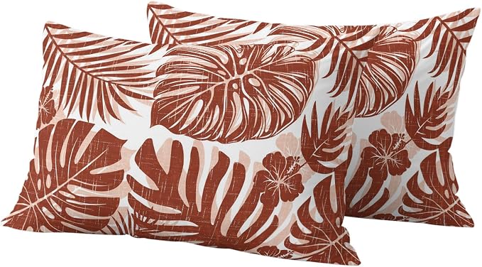 Copper Palm Leaves Outdoor Pillow Covers 20"x12" Set of 2, Tropical Botanical Minimalist Modern Waterproof Throw Pillow Covers for Patio Furniture, Decorative Cushion Covers for Porch