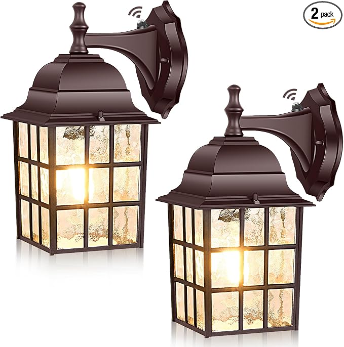 2-Pack Dusk to Dawn Outdoor Wall Light, Waterproof Exterior Wall Lantern Lighting Fixtures with Photocell Sensor, Brown Modern Outside Wall Sconce with E26 Base for House Porch Garage