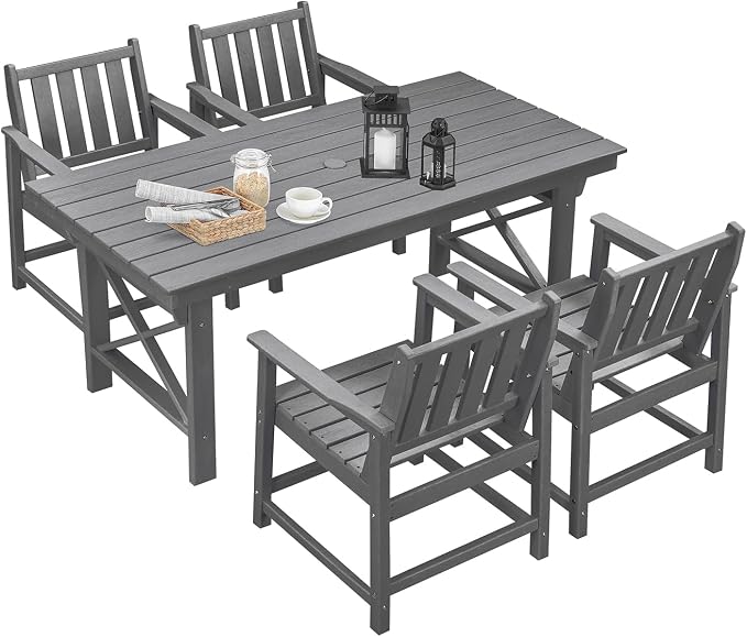 HDPE Patio Dining Set, 5-Piece Outdoor Table and Chairs with Umbrella Hole, Modern Outdoor Dining Set for 4, HDPE Outdoor Patio Furniture Dining Sets for Deck, Poolside, Porch, Smoke Gray