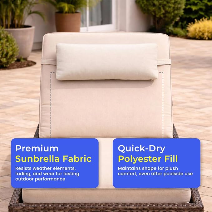 Sunbrella Headrest/Lumbar Pillow with Velcro Strap for Chaise Lounge, White | Outdoor Pillow for Chaise Loungers, Pool Chairs & Patio Furniture, 18" x 8" x 3"