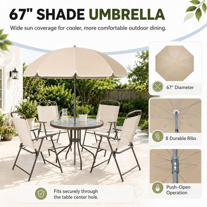 6-Piece Patio Dining Set for 4 with Umbrella, Outdoor Table and Chairs Set with 4 Folding Chairs, Round 31.5" Tempered Glass Table for Garden Backyard Poolside (Beige)