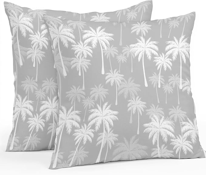 Throw Pillow Covers 26x26 Inch Set of 2, Tropical Palm Tree Waterproof Outdoor Pillow Covers, Gray White Plants Coastal Leaf Beach Decorative Cushion Pillowcases for Couch, Sofa, Bed, Garden, Patio