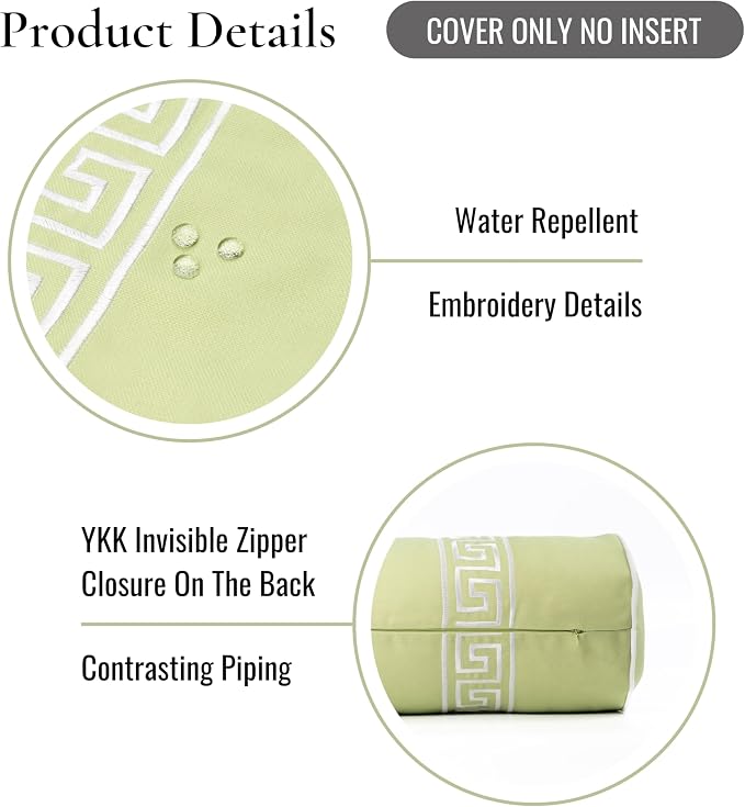 Hofdeco Premium Grandmillennial Coastal Hampton Patio Indoor Outdoor Bolster Pillow Cover Only, 8"x24" Water Repellent for Backyard, Couch, Poolside, Grass Green Embroidered Greek Key