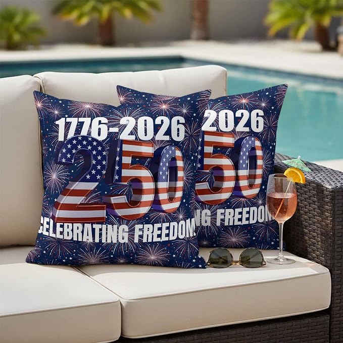 250 Anniversary USA Flag Outdoor Pillow Covers 26x26 Inch Throw Pillow Covers Set of 2 Waterproof Decorative Pillow Cases Blue American Flag 250 Fireworks Cushion Covers for Patio Furniture Garden