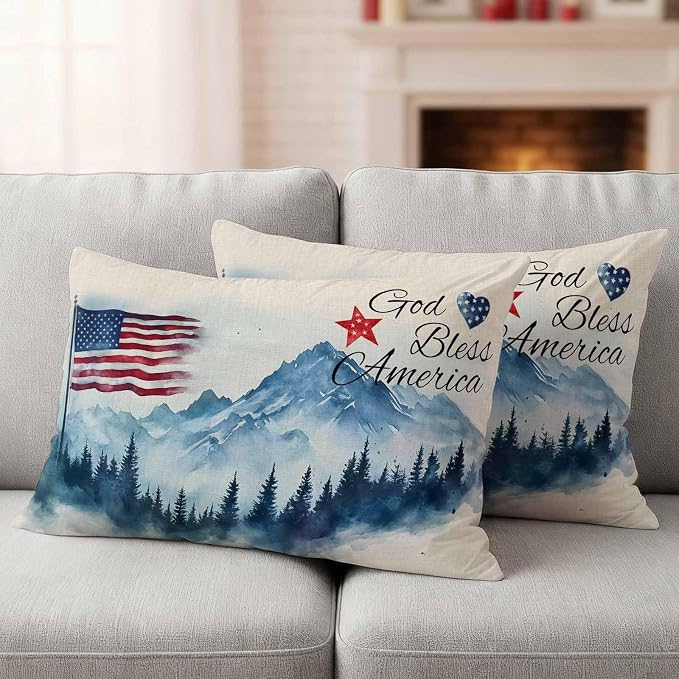 4th of July Outdoor Pillow Covers 20x12 Inch Lumbar Pillow Covers Set of 2 Waterproof Decorative Throw Pillow Cases Independence Day American Flag Forest Cushion Covers for Patio Furniture Garden