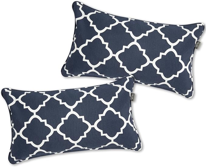 Outdoor Lumbar Pillows Water Resistant 12x20 inch,Decorative Throw Pillow Set of 2 with Insert,Hidden Zipper Headrests for Patio Furniture Sofa Couch Chair(Blue Geometry)