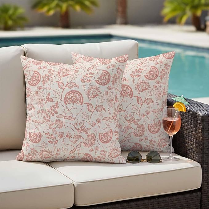 Outdoor Pillow Covers 24x24 Set of 2, Abstract Spring Floral Waterproof Patio Throw Pillow Covers for Couch Sofa Chair, Farmhouse Summer Botanical Rustic Decorative Pillowcases for Throw Pillows