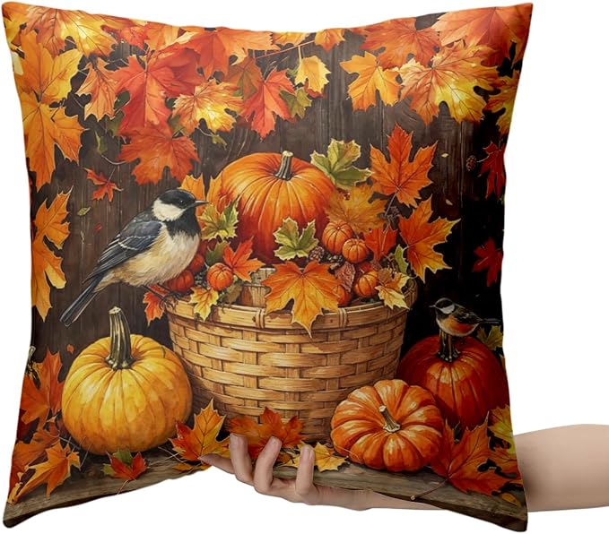 Pumpkin Throw Pillow Covers Fall Themed Pillow Covers 16x16 Set of 2 Orange Maple Leaf Pillows Cases Autumn Thanksgiving Cushion Cases for Home Farmhouse Patio Porch Garden