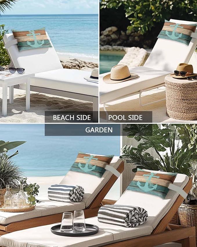 Pack of 2 Outdoor Lumbar Cushions with Inserts, Retro Gradient Anchor Farm Wood Grain Waterproof Fluffy Fade Body Pillows, Patio Furniture Pillow for Home Balcony Garden Decor 11x16IN