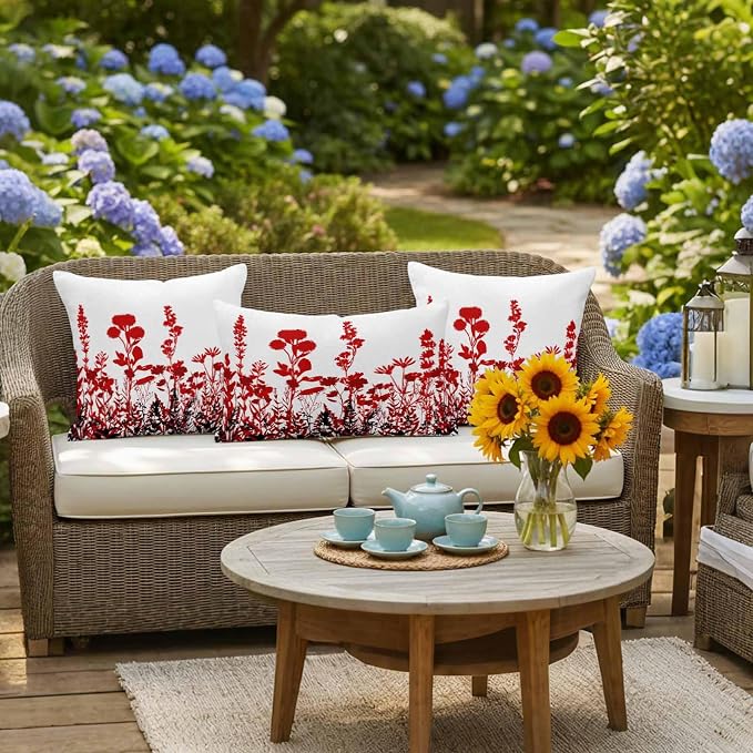 Red Flowers Waterproof Outdoor Pillow Covers Set of 2 Home Decor, Rustic Spring Wild Floral Herbs Plants Pillowcase Patio Pillow Covers for Couch Bench Furniture Garden 24x24in