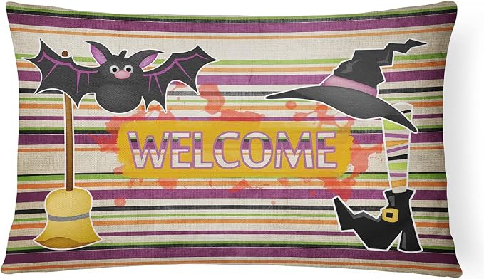Caroline's Treasures SB3010PW1216 Witch Costume and Broom on Stripes Halloween Canvas Fabric Decorative Pillow 100% Machine Washable Pillow, Indoor or Outdoor Decorative Throw Pillow for Couch, Bed or