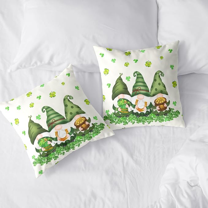 Green Clover Shamrock Decorative Throw Pillow Covers 16x16 Set of 2 St Patricks Day Cushion Case Lucky Gnomes Square Pillow Cases for Chair Sofa Bedroom Living Room Home Decor