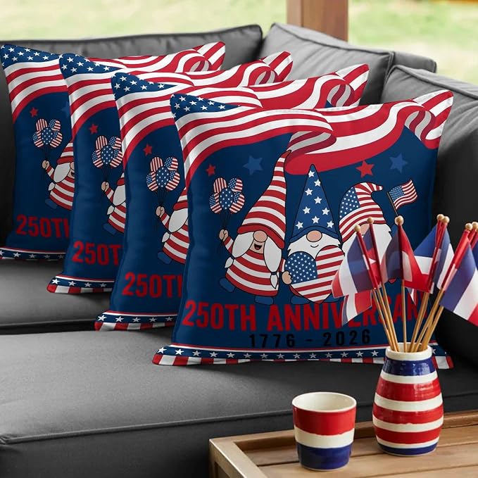 250th Anniversary Outdoor Pillow Covers 20"x20" Set of 2, Patriotic Gnome USA Flag Independence Day Waterproof Throw Pillow Covers for Patio Furniture, Decorative Cushion Covers for Porch
