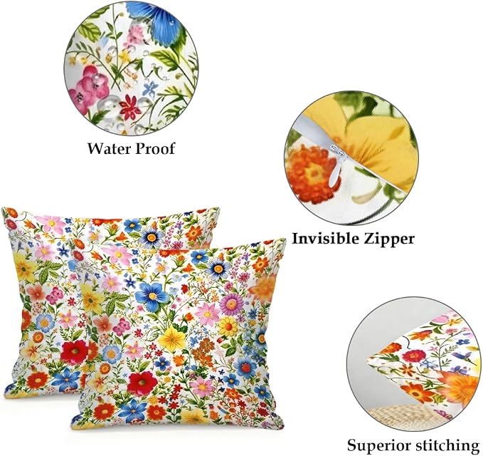 18x18 Inch Outdoor Pillow Covers Set of 2 Waterproof Throw Pillow Covers Decorative Couch Cushion Covers Colorful Art Floral Square Pillowcases Protectors for Patio Garden Sofa
