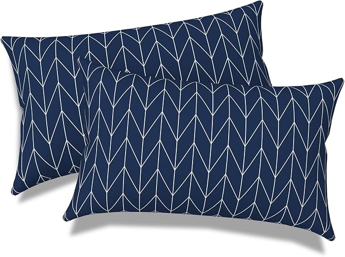 Outdoor Lumbar Pillows, Water Repellent Cushion Pillows 12x20 Inch, Outdoor Pillows with Inserts for Home Garden, Pack of 2, Herringbone Navy