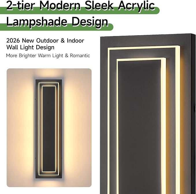 24 in Modern Outdoor Wall Light，2-Tier Exterior Lighting Fixtures | Black Outdoor Front Porch Light,Outside Light Fixtures For House,Garage,Patio,Waterproof,36W 3000K Warm White, 1 Pack