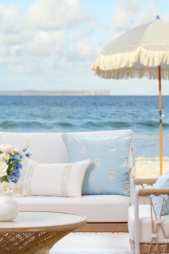 Hofdeco Premium Coastal Patio Indoor Outdoor Lumbar Pillow Cover Only, 12"x20" Water Repellent for Backyard, Couch, Neutral Tan Embroidered Greek Key with Piping