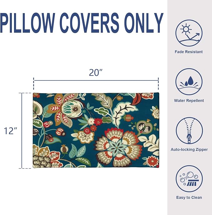 Pack of 2 Outdoor Lumbar Pillow Covers, All Weather Cushion Pillow Cases 12x20 Inch, Pillowcase for Patio Couch Decoration, Peacock Blue