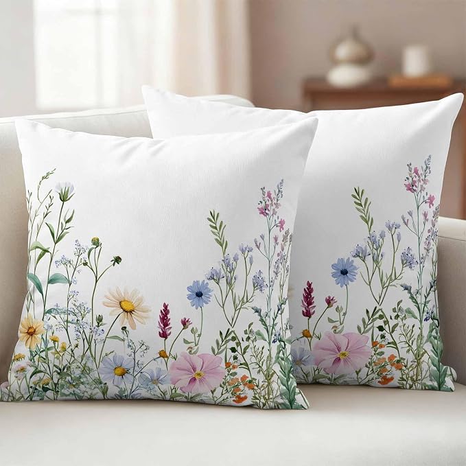 Farms Wildflowers Outdoor Waterproof Throw Pillow Covers Set of 2, 20"x20", Herbs Countryside Watercolor Floral Leaf Decorative Pillow Covers Outside Cushion Case for Patio Porch Garden
