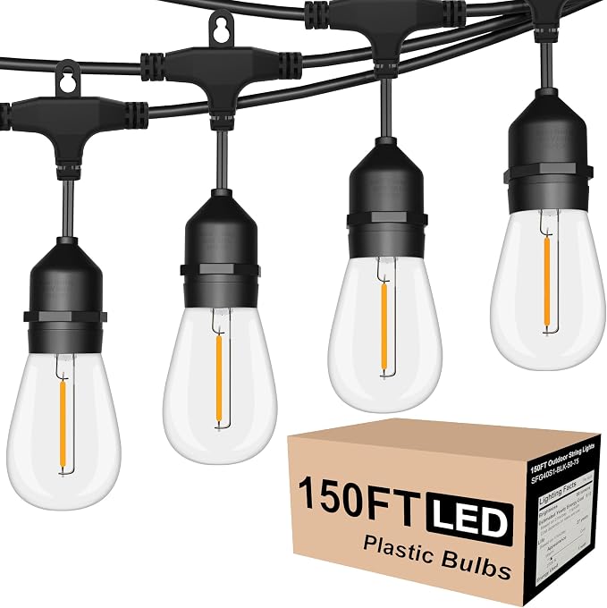 Outdoor String Lights Waterproof 150FT Patio Lighting for Porch Backyard | Connectable Heavy Duty Outside Lights Weatherproof IP65, 46+4 Dimmable Plastic Edison Bulb For Bistro Garden Balcony Gazebo