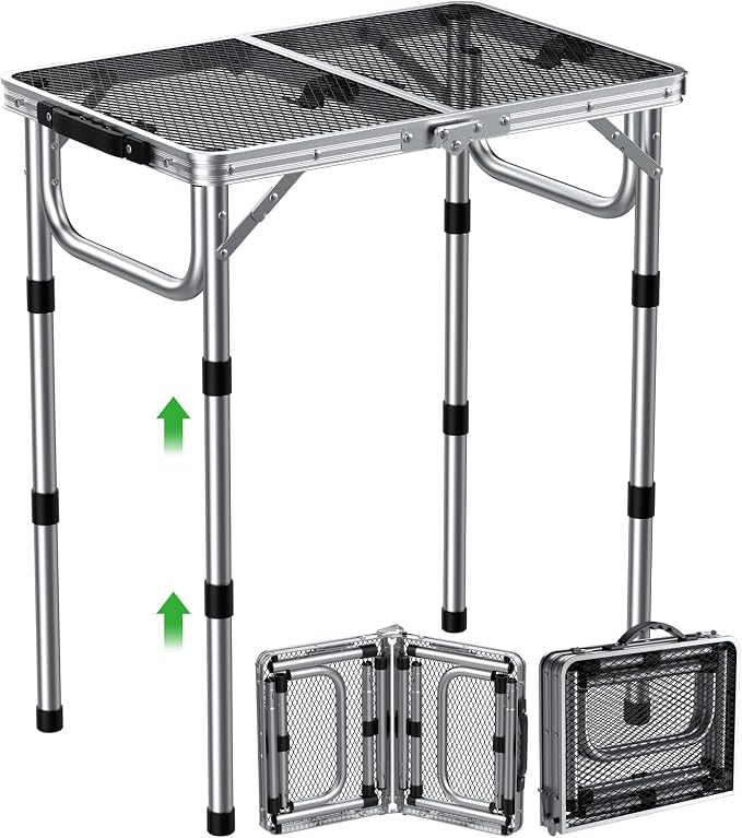 GARLLEN 2ft Folding Grill Table, 3 Adjustable Height Folding Camping Table with Heat-Resistant Mesh Tabletop, Portable Aluminum Picnic Tables for BBQ, Camping, Outdoor, 22.8" L x 15.7" W