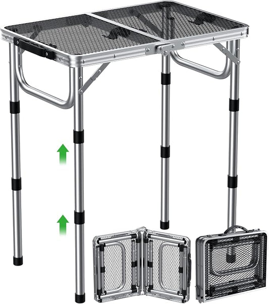 GARLLEN 2ft Folding Grill Table, 3 Adjustable Height Folding Camping Table with Heat-Resistant Mesh Tabletop, Portable Aluminum Picnic Tables for BBQ, Camping, Outdoor, 22.8" L x 15.7" W