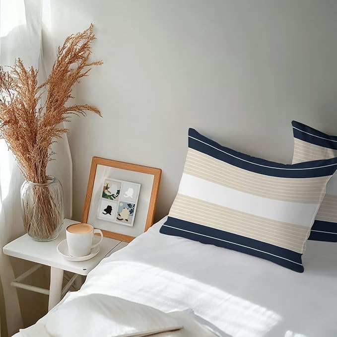 Navy Blue Beige Stripe Outdoor Pillow Covers Waterproof, All Weather Cushion Case Set of 2, Modern Art Horizontal Striped Lumbar Pillowcase for Sofa Couch Bed Decor Patio Furniture 20"x12"