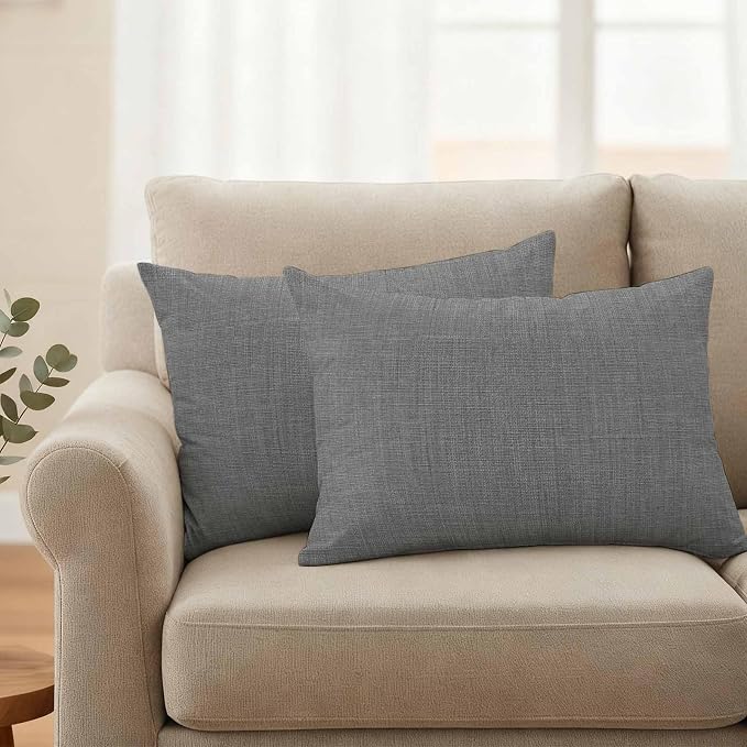 Outdoor Waterproof Throw Pillow Covers Set of 2 Grey Linen Lumbar Pillowcases 20x12 Inches Farmhouse Pure Color Decorative Pillows Cushion Case Patio Pillows for Couch Bed Chair Garden