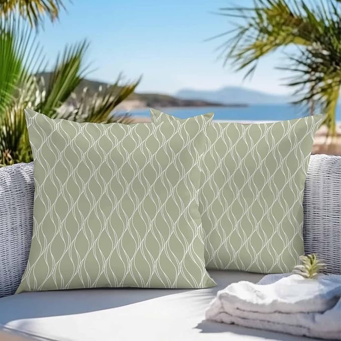YOKOU Boho Sage Green Pillow Covers, Farmhouse Decoration Geometric Waterproof Outdoor Pillowcases Cushion Covers Cases for Patio Couch Bench, Pack of 2 Square, 20"X20"