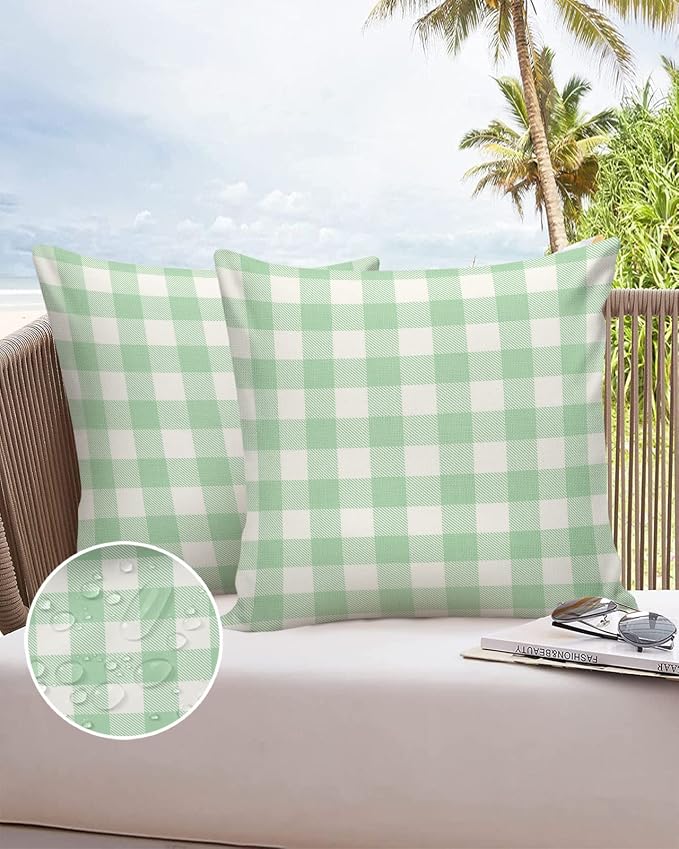 Outdoor Waterproof Throw Pillow Covers Set of 2 Light Green Buffalo Check Plaid Pillowcases 26x26 Inches Farmhouse Style Patio Decorative Pillows Cushion Case Patio Pillows for Couch Bed Chair Garden