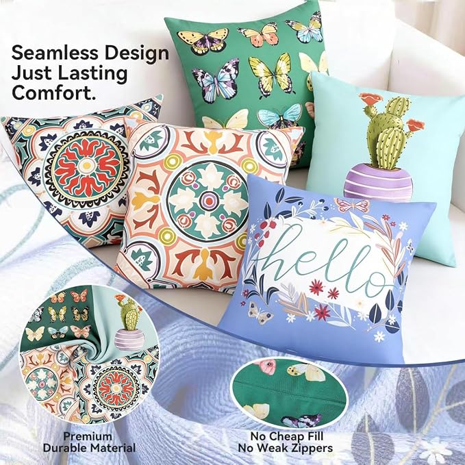 Outdoor Throw Pillows Waterproof Set of 4 18x18 Inches for Sofa, Couch, Bed & Patio Furniture | Green Butterfly Outdoor Pillows with Insert