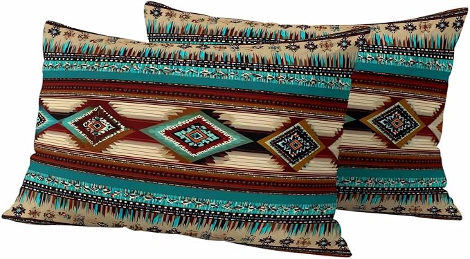 Boho Ethic Outdoor Pillow Covers 20"x12" Set of 2, Western Aztec Tribal Teal Brown Diamond Stripes Waterproof Throw Pillow Covers for Patio Furniture, Decorative Cushion Covers for Porch