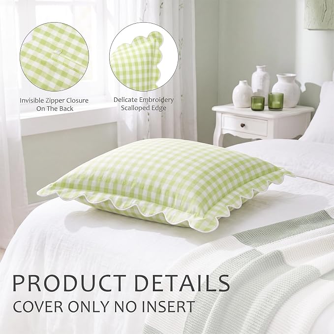 Gingham Scalloped Throw Pillow Cover 20"x20",Green