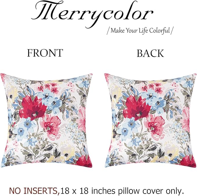 Merrycolor Pack of 2 Outdoor Waterproof Throw Pillow Covers 18x18 Summer Red Floral Decorative Square PillowcaseOutdoor Pillow Covers for Patio Furniture Garden