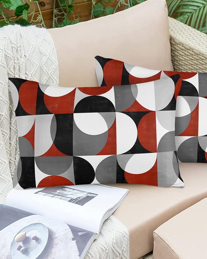 Vandarllin Outdoor Throw Pillows Covers 20x12 inch Set of 2 Waterproof Mid Century Geometric Decorative Zippered Cushion Covers for Patio Furniture, Abstract Modern Red Lumbar Pillowcases
