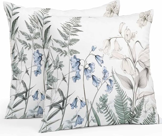 Throw Pillow Covers 18x18 Inch Set of 2, Blue Beige Floral Waterproof Outdoor Pillow Covers, Farmhouse Botanical Decorative Cushion Pillowcases for Couch, Sofa, Bed, Garden, Patio