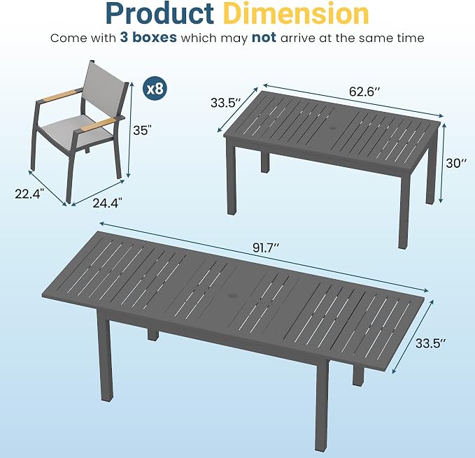 FansaFurn Patio Furniture Set with 92" Extendable Dining Table, Patio Table Set for 4–8 People, All-Weather Aluminum Outdoor Furniture, Outdoor Dining Set for Backyard, Porch, and Garde, Grey