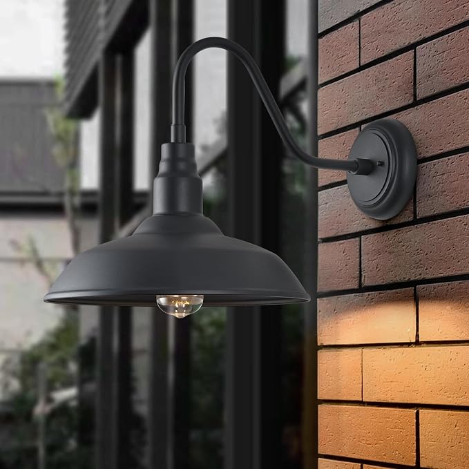 14in Outdoor Gooseneck Light Fixture for Porch, Large Exterior Barn Light with Wall Mount, Black Industrial Lighting Fixture for Farmhouse Garage Patio