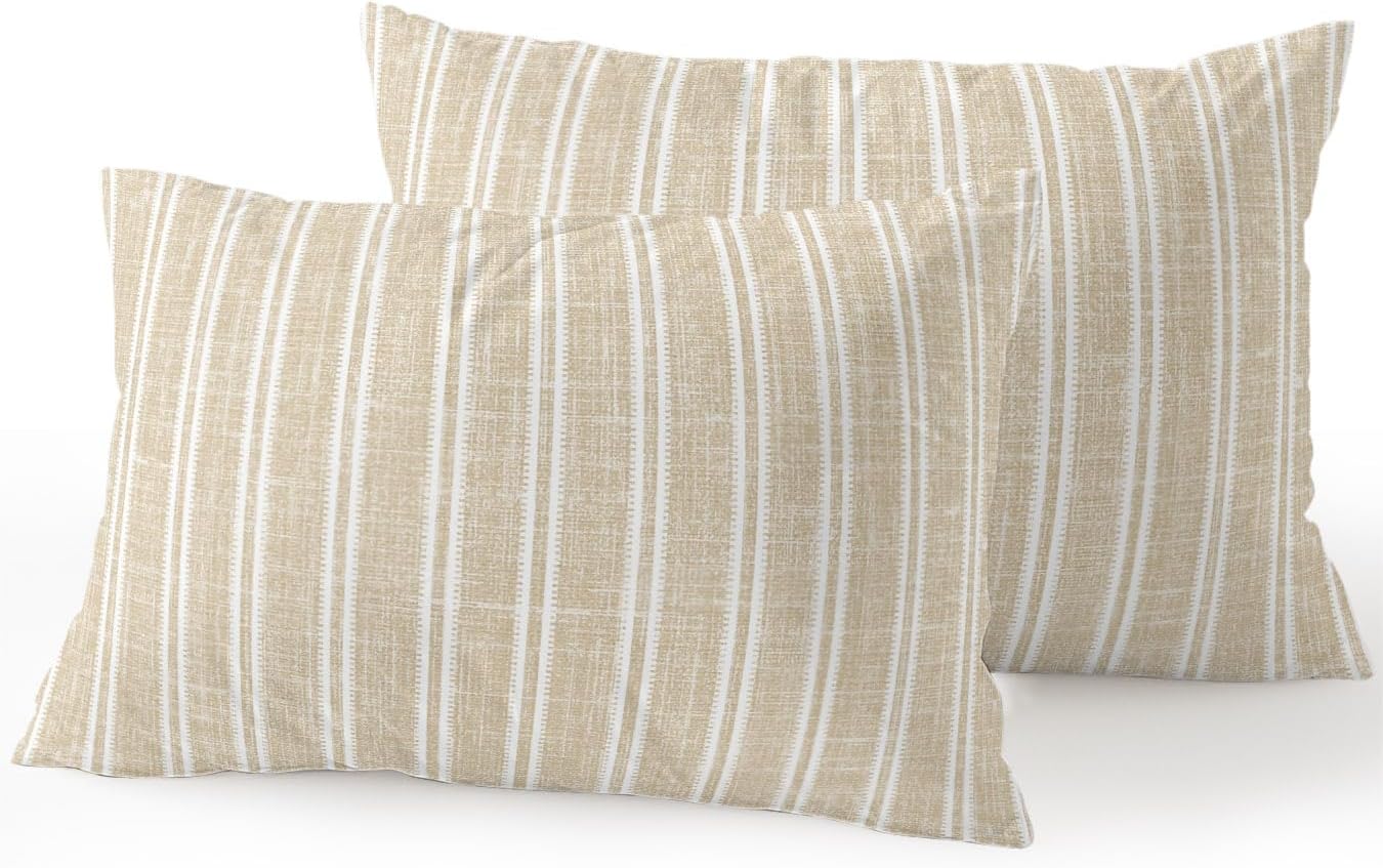 Waterproof Outdoor Pillow Set of 2 Beige Linen Striped Decorative Throw Pillows Cover & Insert 20x12 Inch Lumbar Pillowcase Vertical Stripes Lines Pillows for Couch Sofa Bed Patio Furniture