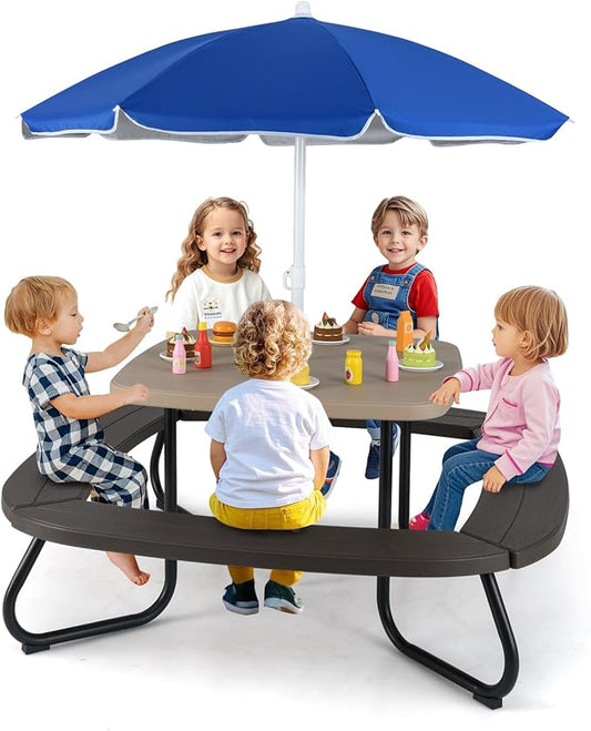 HONEY JOY Kids Picnic Table, 8 Person Toddler Outdoor Table and Chair Set, 4 Built-in Benches, Removable Umbrella, Metal Frame & HDPE Top, Children Outdoor Furniture for Backyard Patio Garden (Coffee)