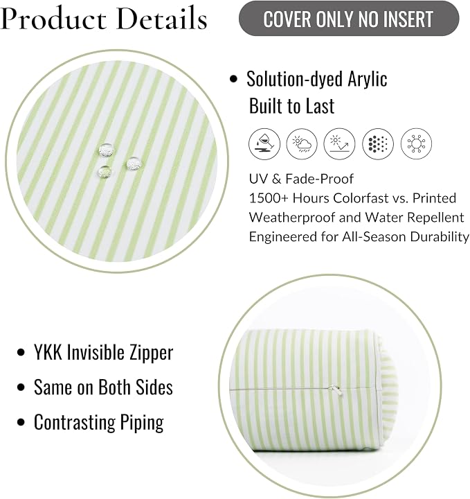 Hofdeco Premium Coastal Hampton Outdoor Performance Bolster Pillow Cover Only, 6"x20" Water Repellent, UV and Fade Resistant for Backyard, Couch, Poolside, Grass Green Woven Coastline Stripes